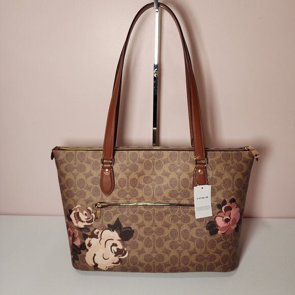 NWT Coach CZ180 Signature Rose Gallery Tote Top Zip Handbag Tan Multi - Picture 4 of 5